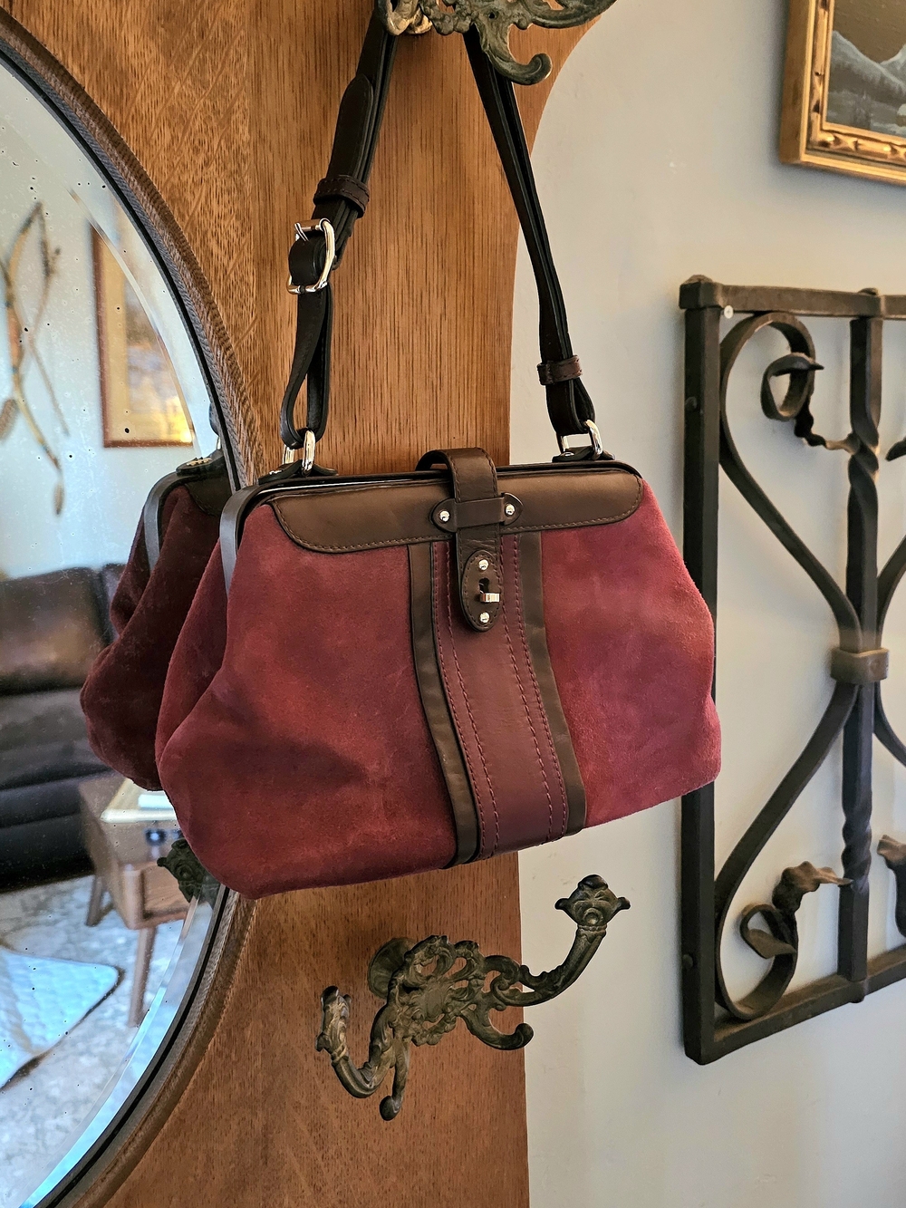 Brooks Brothers Burgundy Suede & Leather Doctor Bag Kiss Lock Frame Handbag